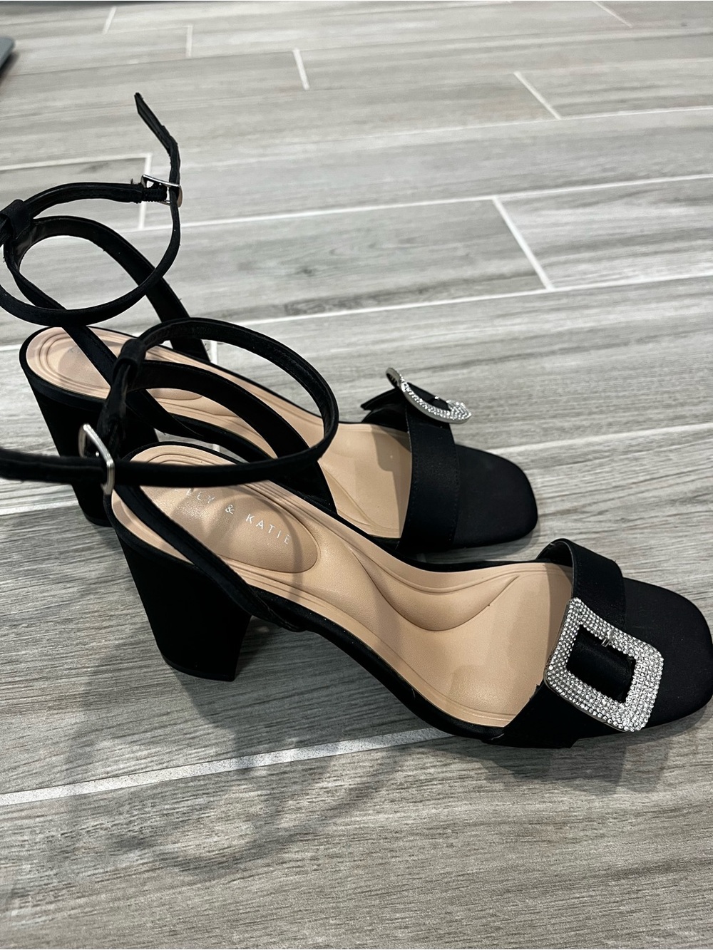 Kelly & Katie Black Ankle-Strap Block Heel Sandals with Crystal Buckle